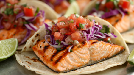 Enjoy mouthwatering grilled salmon tacos topped with fresh salsa, vibrant vegetables, and lime. A delightful meal perfect for any occasion.の素材