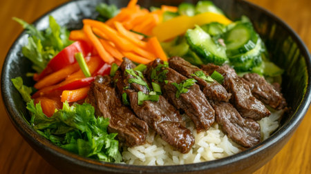 A vibrant beef bowl featuring tender meat, fresh vegetables, and fluffy rice, perfect for a nutritious meal or a hearty snack option. Enjoy the flavors!の素材