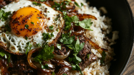 A vibrant dish featuring a beautifully fried egg atop savory rice with caramelized onion and fresh herbs, showcasing a balance of textures and flavors.の素材