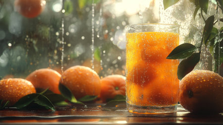 A vibrant glass of refreshing citrus drink surrounded by fresh oranges and sunlight, creating a bright and inviting atmosphere perfect for summer enjoyment.の素材