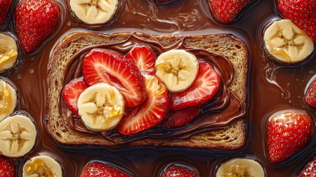 A decadent chocolate toast topped with fresh strawberries and bananas, creating a vibrant and mouthwatering breakfast treat perfect for any occasion.の素材