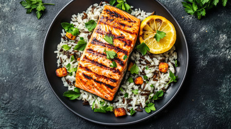 Enjoy a vibrant dish featuring grilled salmon served on a bed of rice, garnished with fresh herbs and a slice of lemon for a burst of flavor.の素材