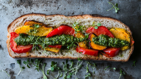 A vibrant and appetizing sandwich featuring colorful roasted vegetables and fresh pesto atop rustic bread, perfect for a healthy meal or snack.の素材