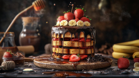 A mouthwatering chocolate cake topped with fresh strawberries and bananas. This beautifully crafted dessert offers a rich, indulgent flavor and rustic appeal.の素材