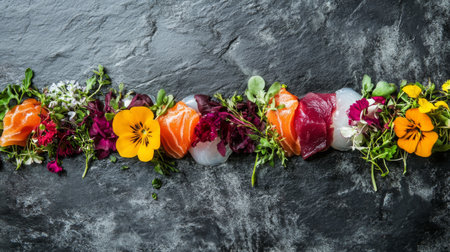 A vibrant sushi platter featuring a variety of fresh seafood surrounded by colorful edible flowers and herbs, perfect for gourmet dining experiences.の素材