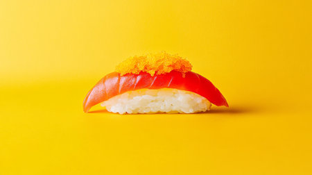 A stunning sushi slice featuring fresh fish and rice, set against a bold yellow background. Perfect for food photography, cooking blogs, or menus.の素材