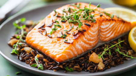 This enticing image showcases a beautifully grilled salmon fillet garnished with fresh thyme and accompanied by lemon slices, served on a bed of wild rice, perfect for a healthy meal or gourmet dining experience.の素材