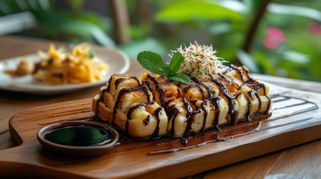 A beautifully presented dessert featuring chocolate drizzle and fresh garnish. Perfect for enhancing menus in tropical and gourmet restaurants.の素材