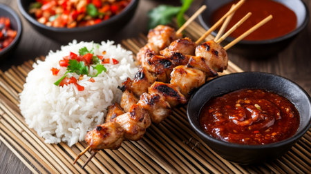 A vibrant plate featuring grilled chicken skewers, fluffy rice, and a rich dipping sauce. Perfect for culinary enthusiasts and food lovers alike.の素材