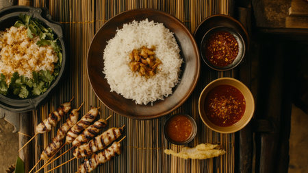 A beautifully arranged plate of Asian cuisine featuring fluffy rice, grilled skewers, fresh salad, and various dipping sauces, perfect for food lovers.の素材
