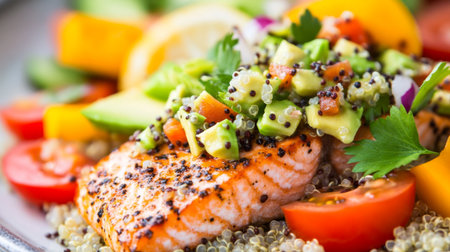 Indulge in this vibrant dish featuring fresh salmon topped with mango salsa, served over a bed of quinoa and accompanied by colorful vegetables. Perfect for a healthy meal!の素材