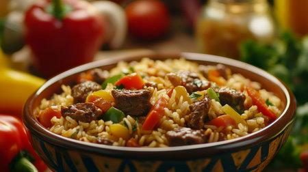 A vibrant rice dish featuring tender meat and colorful vegetables, perfect for a hearty meal, showcasing fresh ingredients in a cozy kitchen setting.の素材