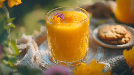 A vibrant citrus drink garnished with edible flowers, served alongside cookies in a sunny garden setting. Perfect for a summer afternoon refreshment.の素材