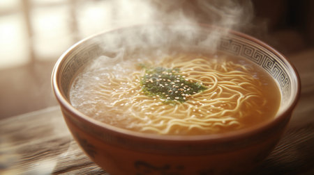 A steaming bowl of hot noodle soup featuring delicate strands of noodles and fresh herbs. Ideal for representing comfort food in culinary photography.の素材