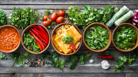 A vibrant arrangement of fresh ingredients in wooden bowls, showcasing tomatoes, herbs, and noodles perfect for a healthy cooking preparation.の素材