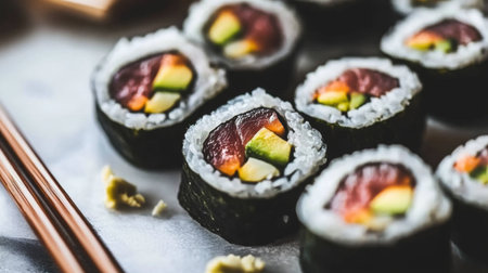 A vibrant platter of fresh sushi rolls showcasing colorful ingredients. Perfect for food lovers and culinary enthusiasts, these rolls are both delicious and visually appealing.の素材