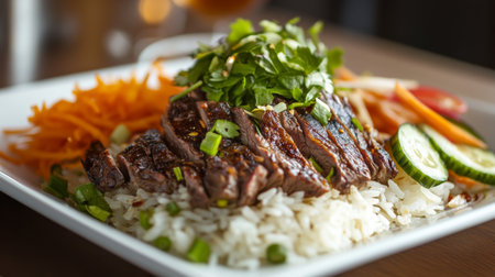 A mouthwatering grilled steak served over fluffy steamed rice, garnished with fresh herbs and vegetables. Perfect for any meal or occasion.の素材