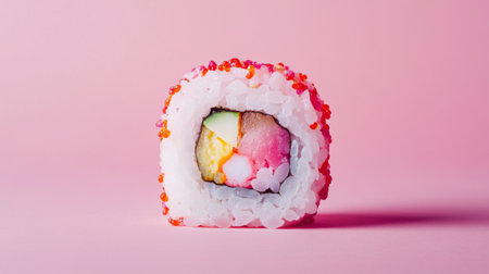 A vibrant sushi roll garnished with colorful ingredients on a soft pink backdrop, showcasing fresh cuisine's beauty and artistry in a delightful presentation.の素材