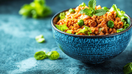 A vibrant and fresh salad featuring ground meat, greens, and peas, garnished with mint leaves. Perfect for a healthy meal option or cooking inspiration.の素材