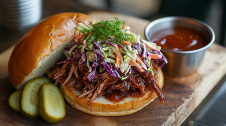 Enjoy a mouthwatering pulled pork sandwich topped with fresh coleslaw and accompanied by pickles, perfect for a casual meal or picnic.の素材