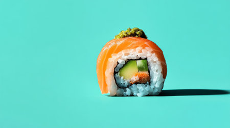 A fresh salmon sushi roll showcasing vibrant colors on a bright background. Perfect for culinary art, food photography, and sushi enthusiasts.の素材