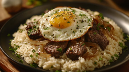 A hearty dish featuring tender beef and a sunny-side-up egg atop fluffy rice, garnished with fresh herbs. Perfect for any meal occasion.の素材
