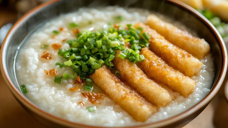 A warm bowl of rice porridge topped with crispy strips and fresh green onions. Perfect for a comforting breakfast or a tasty snack any time of day.の素材