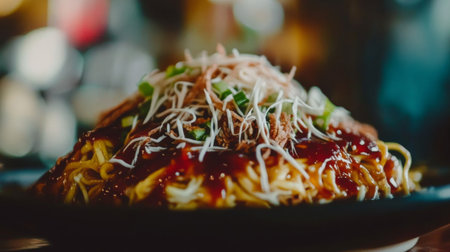 A vibrant plate of delicious noodles topped with savory sauce and garnished with fresh toppings, perfect for any meal time or culinary experience.の素材