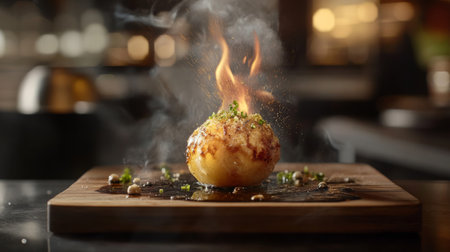 A breathtaking flaming dish displayed on a wooden board, showcasing vibrant colors and textures. Perfect for culinary art or gourmet cooking themes.の素材