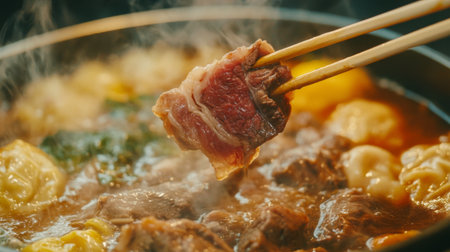 A close-up of a delicious hot pot featuring fresh meat, dumplings, and savory broth. Perfect for a cozy meal, highlighting culinary traditions and flavors.の素材