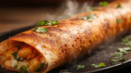 Enjoy this vibrant image of a crispy dosa, filled with delicious ingredients and garnished with fresh herbs, perfect for a savory meal or snack.の素材
