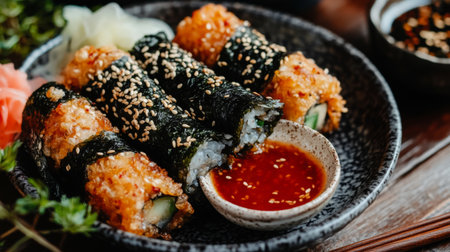 Indulge in vibrant sushi rolls featuring crispy texture and fresh ingredients, served with a flavorful dipping sauce. Perfect for food lovers and dining.の素材