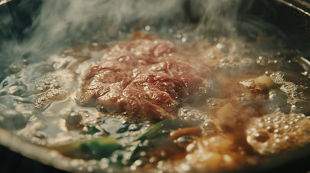 A close-up view of sizzling meat cooking in a pan, enveloped in steam and savory aroma. Perfect for culinary themes and food preparation visuals.の素材
