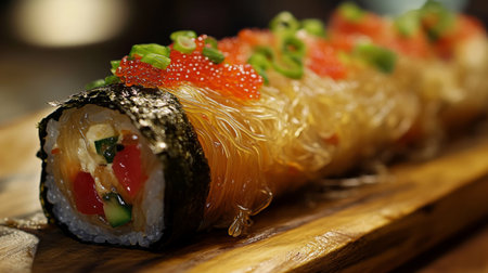 A delectable sushi roll featuring vibrant toppings and fresh ingredients, beautifully presented on a wooden plank. Perfect for food photography.の素材