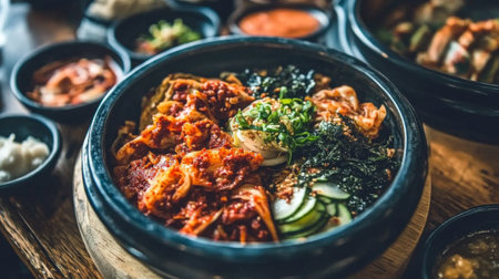 Savor the vibrant presentation of Korean bibimbap, featuring a variety of fresh vegetables, rice, and spicy sauce, perfect for a flavorful meal.の素材
