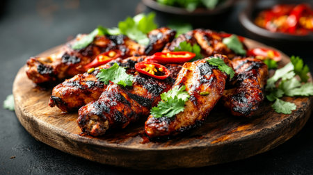 Juicy grilled chicken wings garnished with fresh herbs and spicy chili, served on a rustic wooden platter. Perfect for a summer barbecue feast.の素材