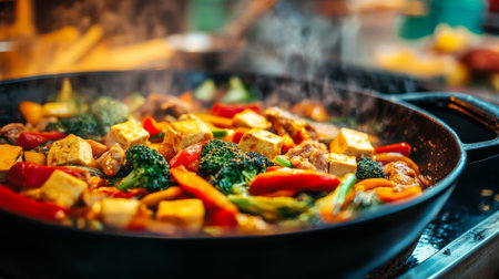 A vibrant stir-fried medley of vegetables and tofu, showcasing fresh ingredients and cooking techniques. Perfect for healthy meal inspiration.の素材