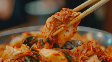 A close-up of chopsticks lifting freshly prepared kimchi from a bowl. The vibrant colors and textures highlight the deliciousness of this traditional Korean dish. Perfect for food photography lovers.の素材
