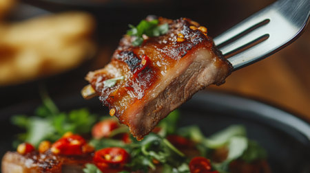 Close-up of a juicy grilled meat slice on a fork, garnished with fresh herbs and spices, highlighting the rich textures and flavors of the dish.の素材