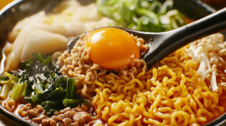 A vibrant close-up of a delicious ramen bowl featuring noodles, fresh vegetables, and a perfectly cooked egg yolk, capturing the essence of comfort food.の素材