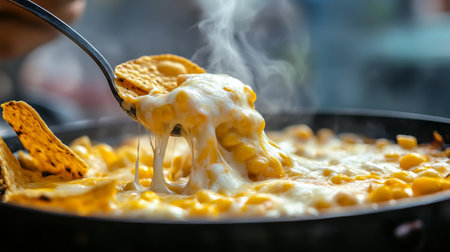 A closeup of a cheesy baked dish featuring crispy chips and steam. Perfect for snacks or appetizers, showcasing rich flavors and textures.の素材