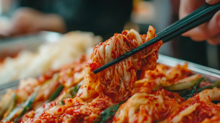 A colorful close-up of freshly made kimchi being lifted with chopsticks, showcasing the vibrant red chili peppers and fresh ingredients that create this traditional Korean dish.の素材