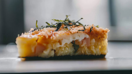 A tantalizing layered savory dish garnished with fresh herbs, showcasing an appealing presentation. Perfect for culinary enthusiasts and food lovers.の素材