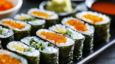 A close-up of fresh sushi rolls beautifully arranged on a plate, featuring vibrant toppings and garnishes. Perfect for showcasing Japanese cuisine.の素材