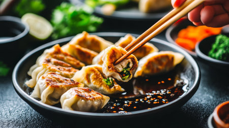 A close-up of delicious dumplings being lifted with chopsticks, served on a black plate with a rich sauce. Perfect for food lovers and culinary enthusiasts.の素材