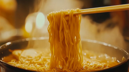 A steaming bowl of noodles lifted by chopsticks, showcasing the enticing texture and warmth of this delicious Asian dish. Perfect for food lovers.の素材