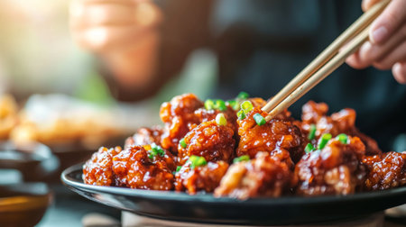 A tempting close-up of a delicious chicken dish served on a black plate, garnished with green onions. Enjoy the vibrant colors and textures of this flavorful meal.の素材