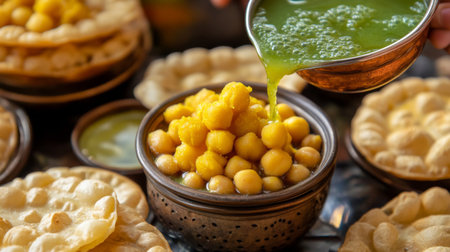 A vibrant Indian street food platter featuring colorful chickpeas and sweet treats, accompanied by a green syrup, perfect for food lovers and culinary enthusiasts.の素材