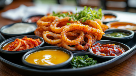 A mouthwatering platter featuring crispy onion rings served with a variety of flavorful dips and sauces, perfect for sharing in any dining setting.の素材