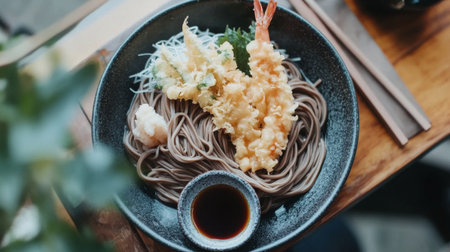 A vibrant bowl of soba noodles topped with crispy tempura shrimp, served with soy sauce. Perfect for showcasing delicious Asian cuisine.の素材